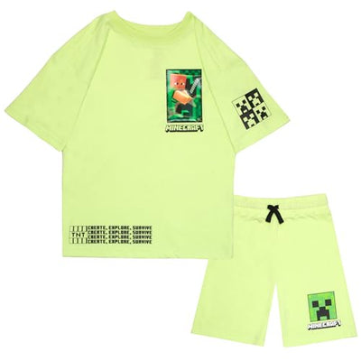 Minecraft Creeper Boys Short Sleeve T-Shirt & Shorts with Lenticular Image Changing Patch, 2-Piece Gamer Outfit Shorts Set