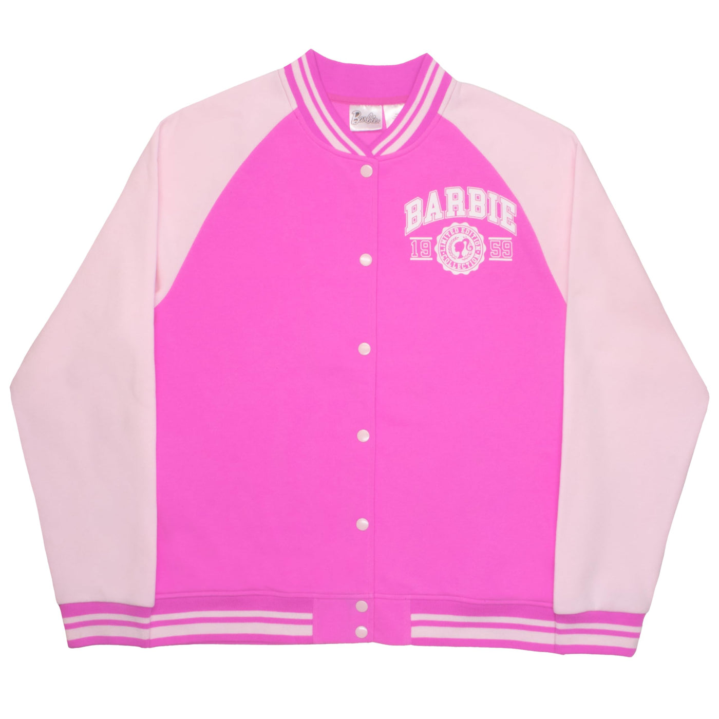 Barbie Collegiate Logo Let’s Go Womens Bomber Jacket, Button-Down Varsity Jacket for Adults