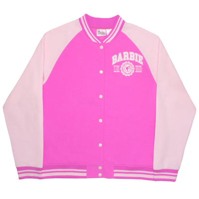 Barbie Collegiate Logo Let’s Go Womens Bomber Jacket, Button-Down Varsity Jacket for Adults