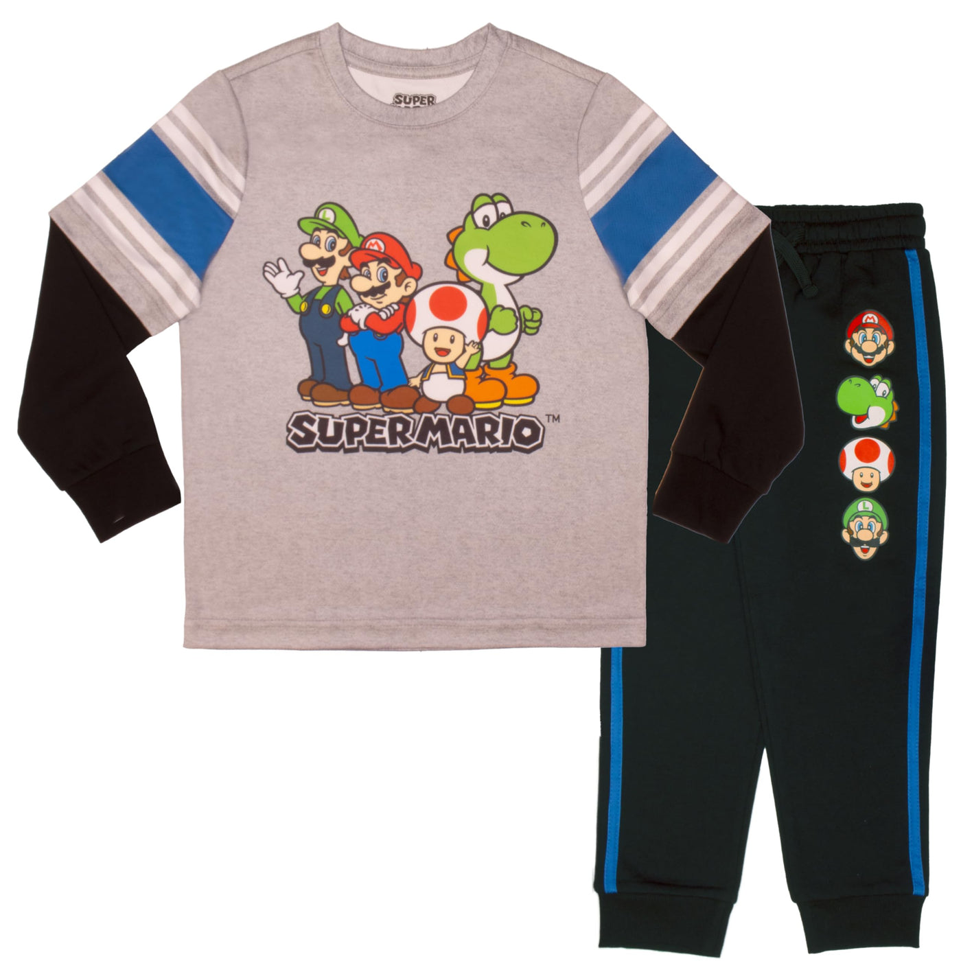 Nintendo Super Mario Video Game 2-Piece Set, Boys Long Sleeve T-Shirt & Jogger Pants 2-Pack Bundle Set for Kids and Toddlers