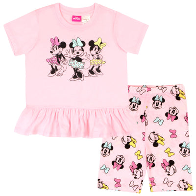 Disney Minnie Mouse, Lilo and Stitch Girls 2 Piece Princess Tee, T Shirt and Biker Short Set