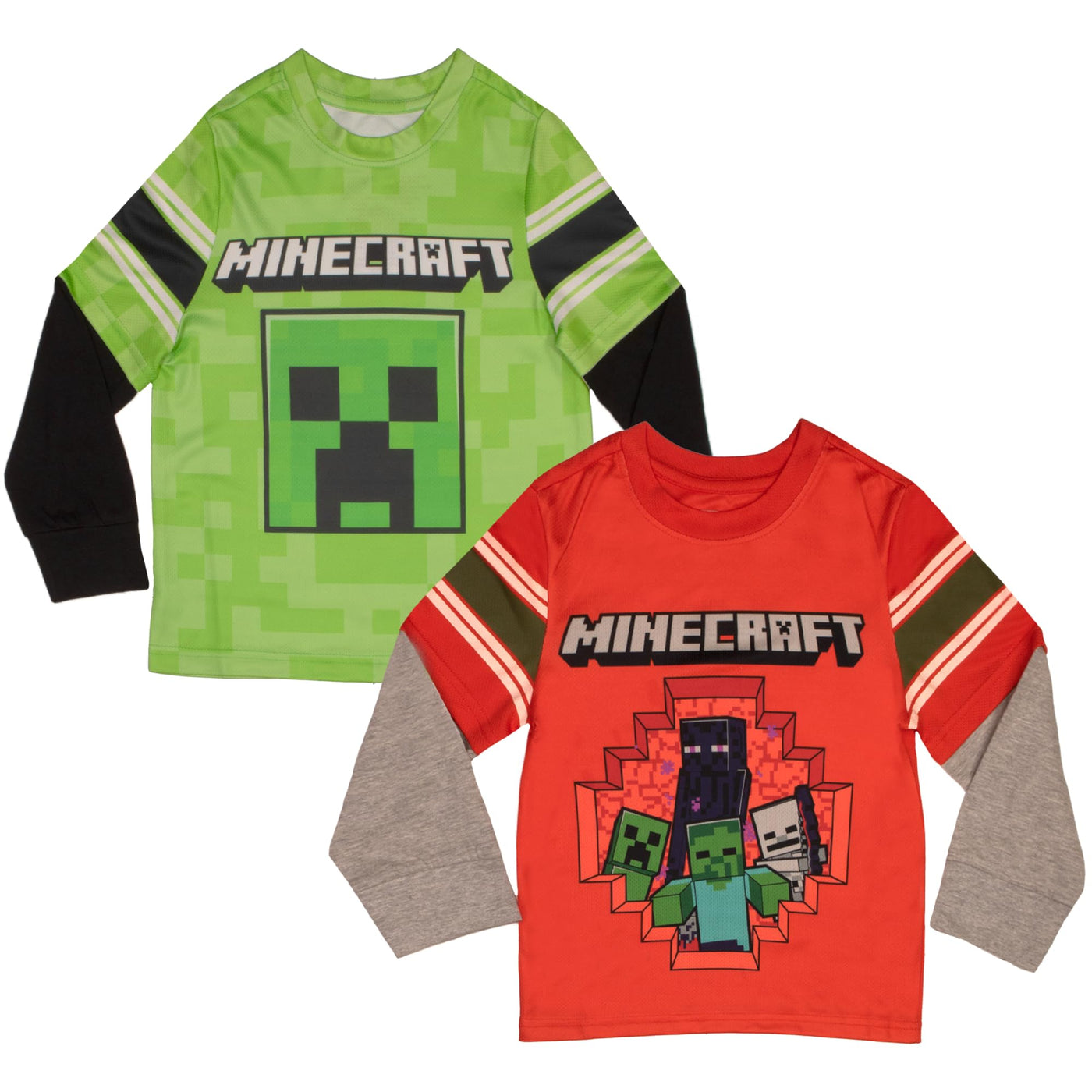 Minecraft Characters Boys Long Sleeve Active Mesh T-Shirt, 2-Pack Bundle Set for Kids and Toddlers