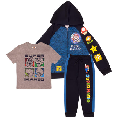 Nintendo Super Mario Video Game 3-Piece Set Boys Short Sleeve T-Shirt, Zip Up Hoodie, Jogger Pants 3-Pack Bundle Set