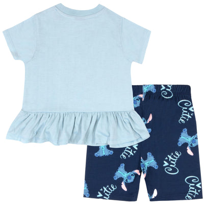 Disney Minnie Mouse, Lilo and Stitch Girls 2 Piece Princess Tee, T Shirt and Biker Short Set