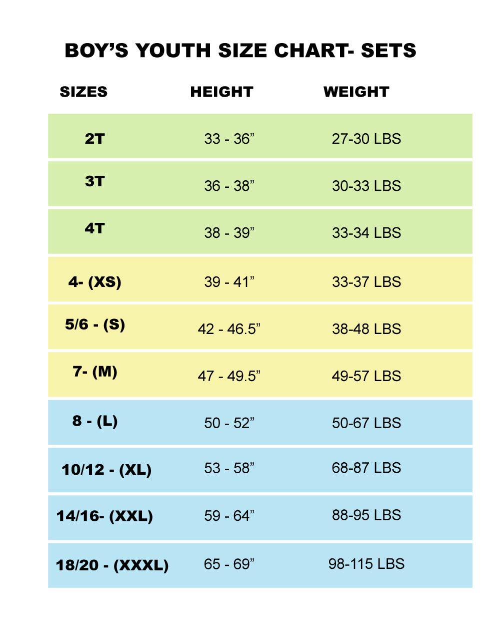 a chart showing the height and weight of a boy's youth size chart