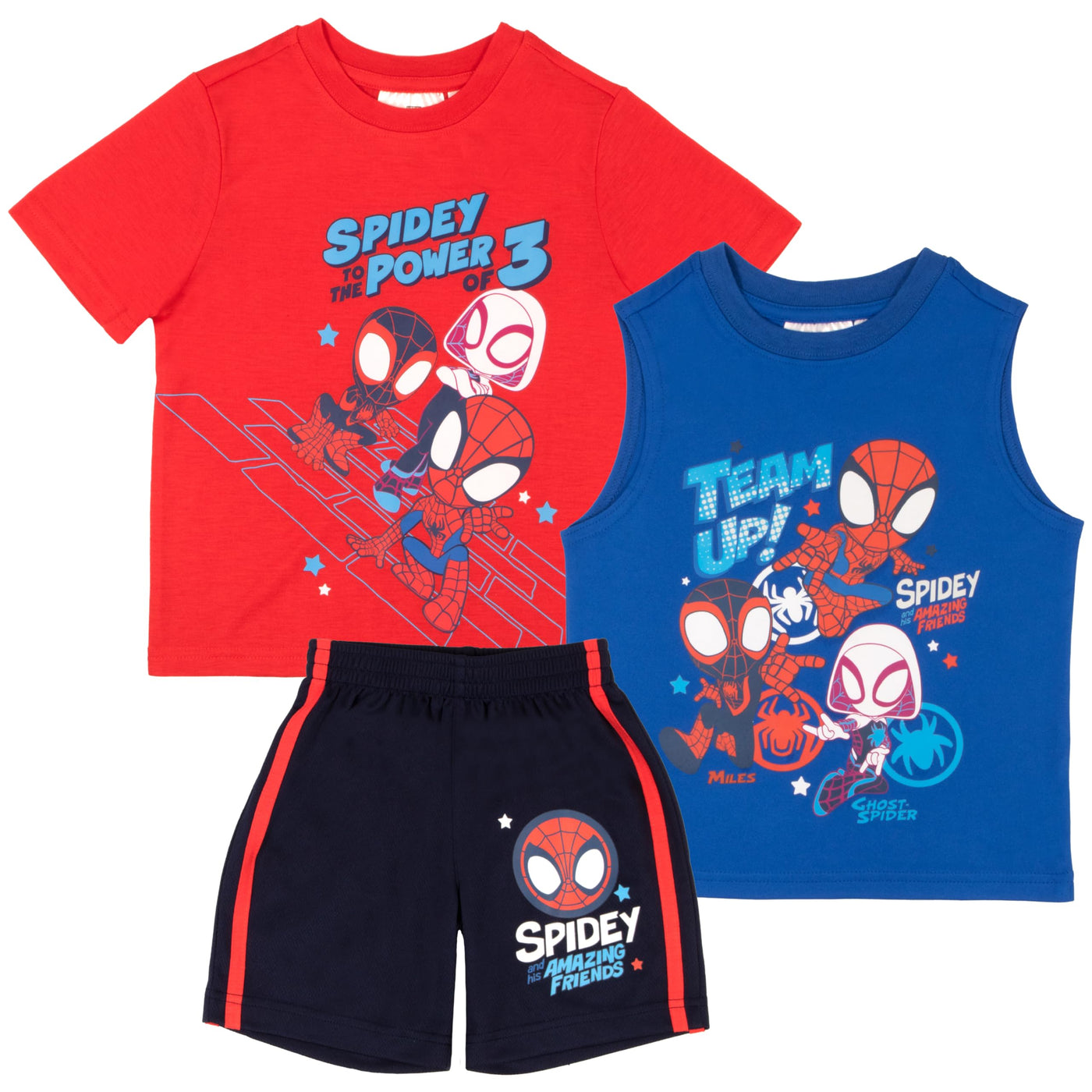 Marvel Spidey and His Amazing Friends 3 Piece Boys Short Set Spider-Man Shirt Tank Top and Shorts Set Spiderman 3 Pack