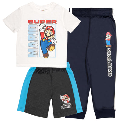 Nintendo Super Mario Bros Boys 3-Piece Pants Set - Short Sleeve T-Shirt, Shorts, and Jogger Pants 3-Pack Bundle Set