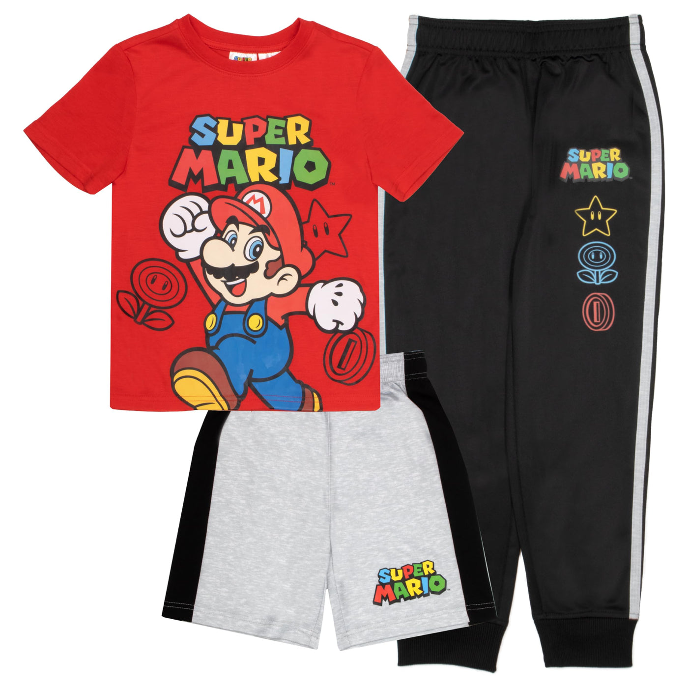 Nintendo Super Mario Bros Boys 3-Piece Pants Set - Short Sleeve T-Shirt, Shorts, and Jogger Pants 3-Pack Bundle Set