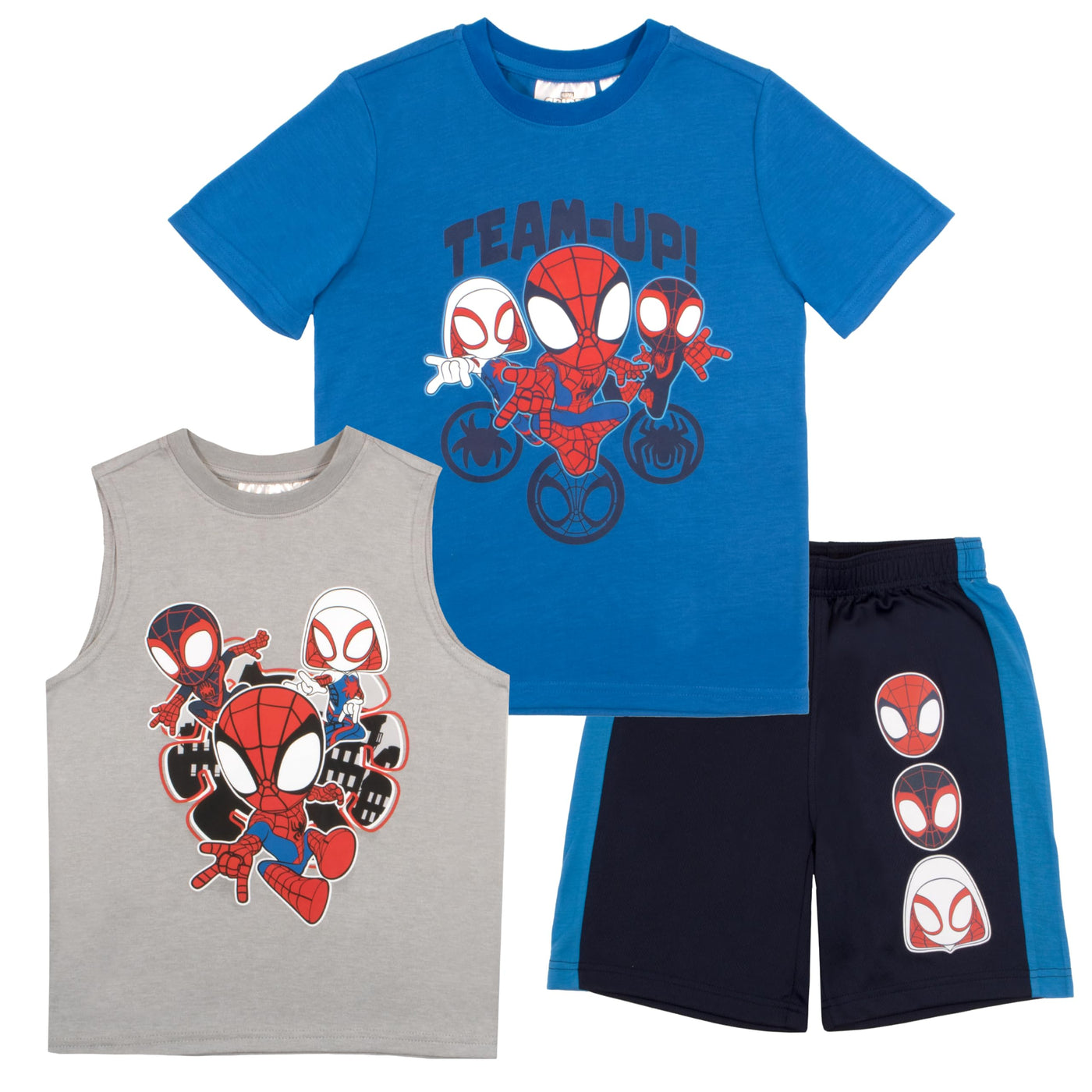 Marvel Spidey and His Amazing Friends 3 Piece Boys Short Set Spider-Man Shirt Tank Top and Shorts Set Spiderman 3 Pack