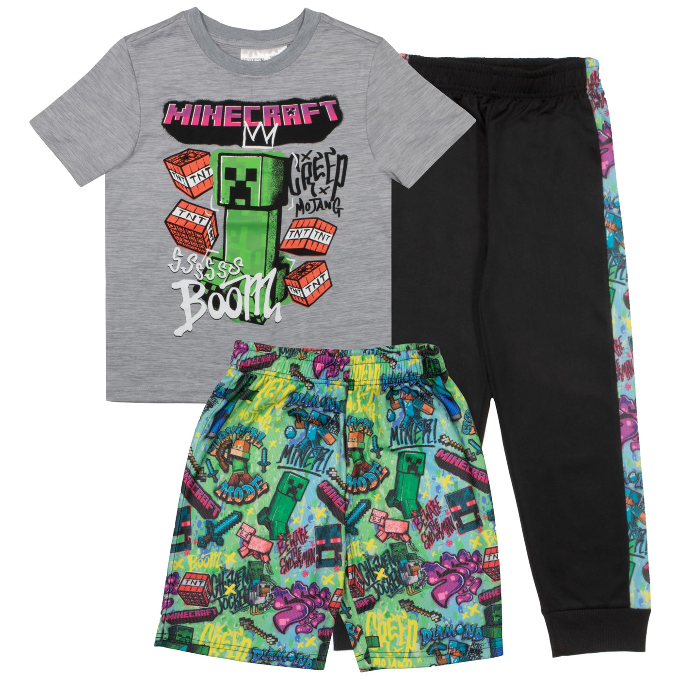 Minecraft Boys 3-Piece Pants Set - Short Sleeve T-Shirt, Shorts, & Jogger Pants 3-Pack Bundle Set for Boys