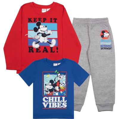 Disney Mickey Mouse Boys 3-Piece Set - Short Sleeve T-Shirt, Long Sleeve T-Shirt, and Sweatpants 3-Pack Bundle Set