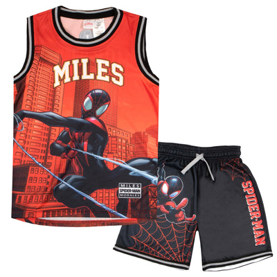 Marvel Avengers and Spider-Man Boys Basketball Sleeveless Shirt & Shorts, Superheroes 2-Piece Outfit Set for Kids