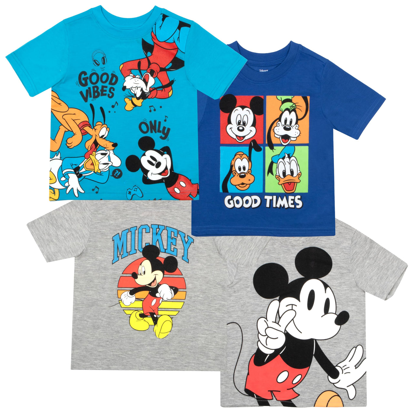 Disney Mickey Mouse & Friends Good Vibes Good Times Boys 4-Pack Short Sleeve T-Shirt Bundle Set for Kids and Toddlers