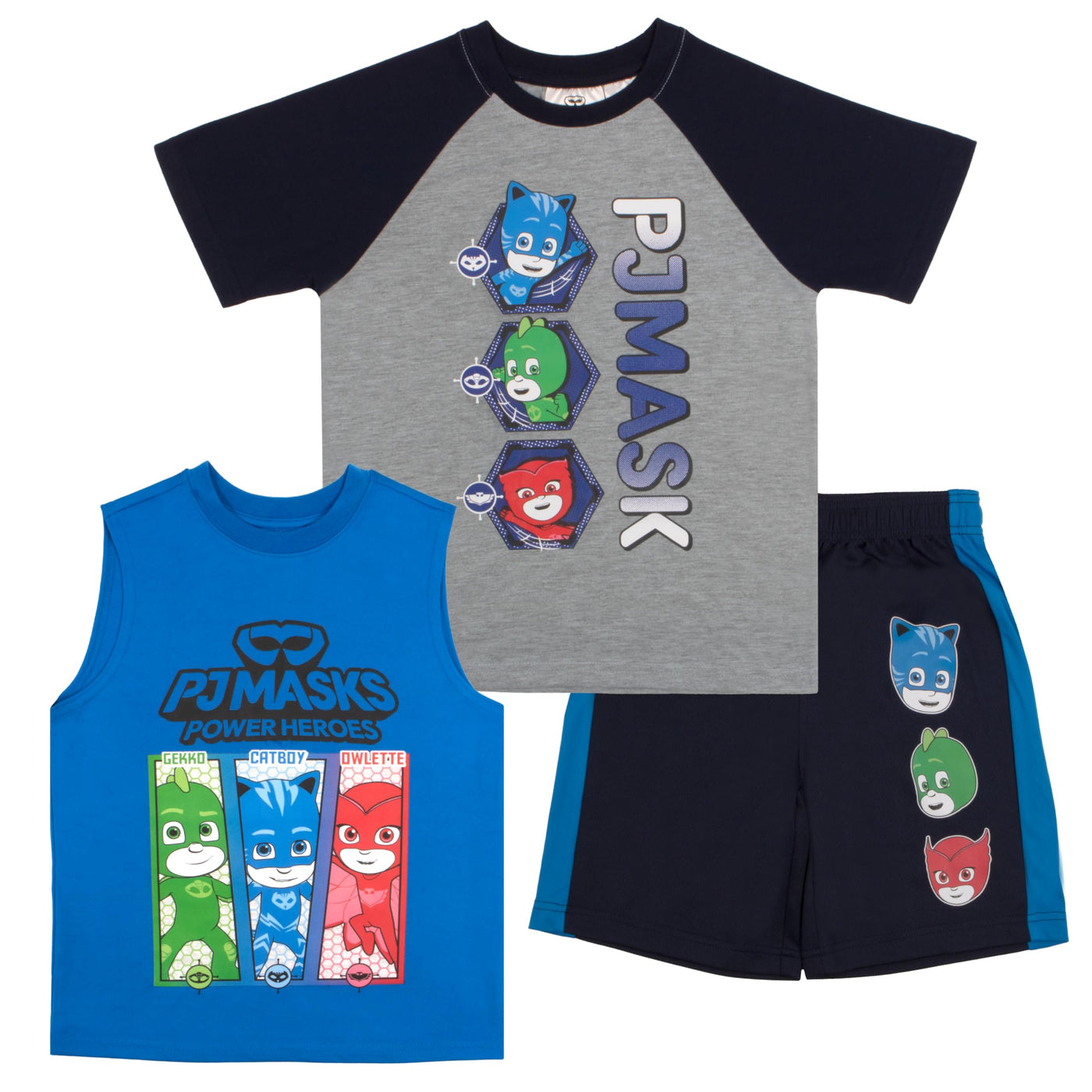 PJ Masks Boys 3 Piece Short Set Short Sleeve Shirt Tank Top Shirt and Shorts 3 Pack Bundle Set for Kids and Toddlers