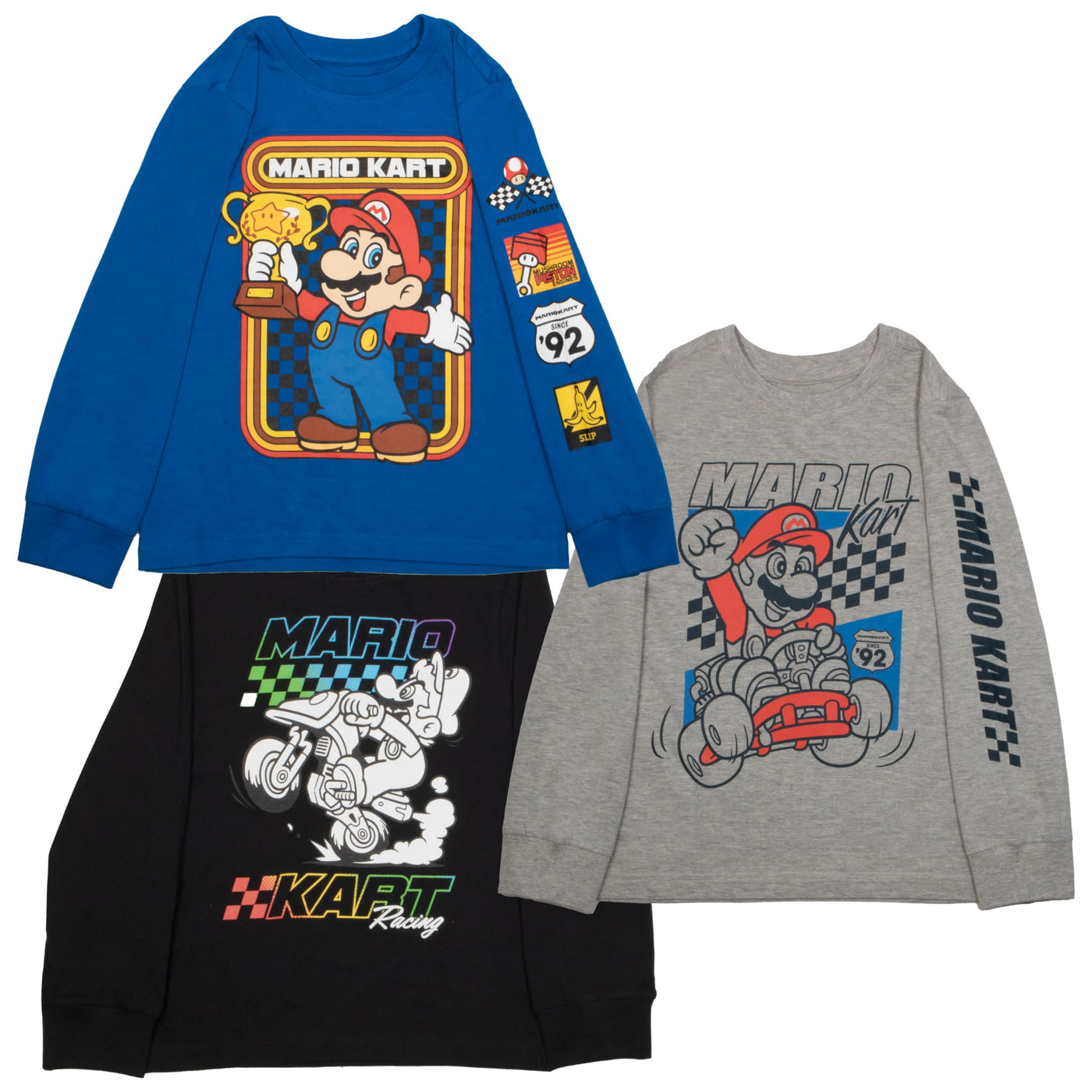 Nintendo Super Mario Kart Race Boys Long Sleeve T-Shirt, 3-Pack Bundle Set for Kids and Toddlers