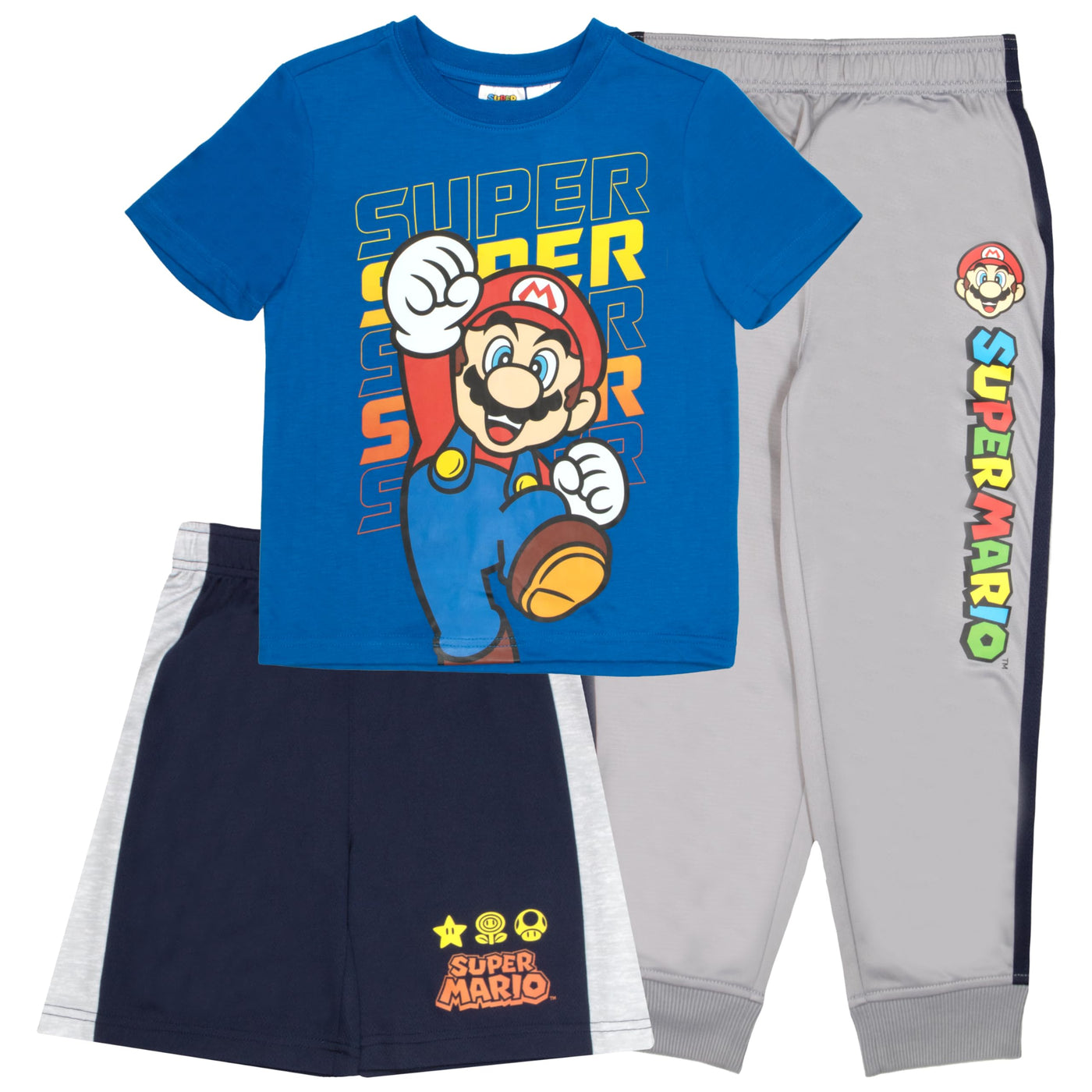 Nintendo Super Mario Bros Boys 3-Piece Pants Set - Short Sleeve T-Shirt, Shorts, and Jogger Pants 3-Pack Bundle Set