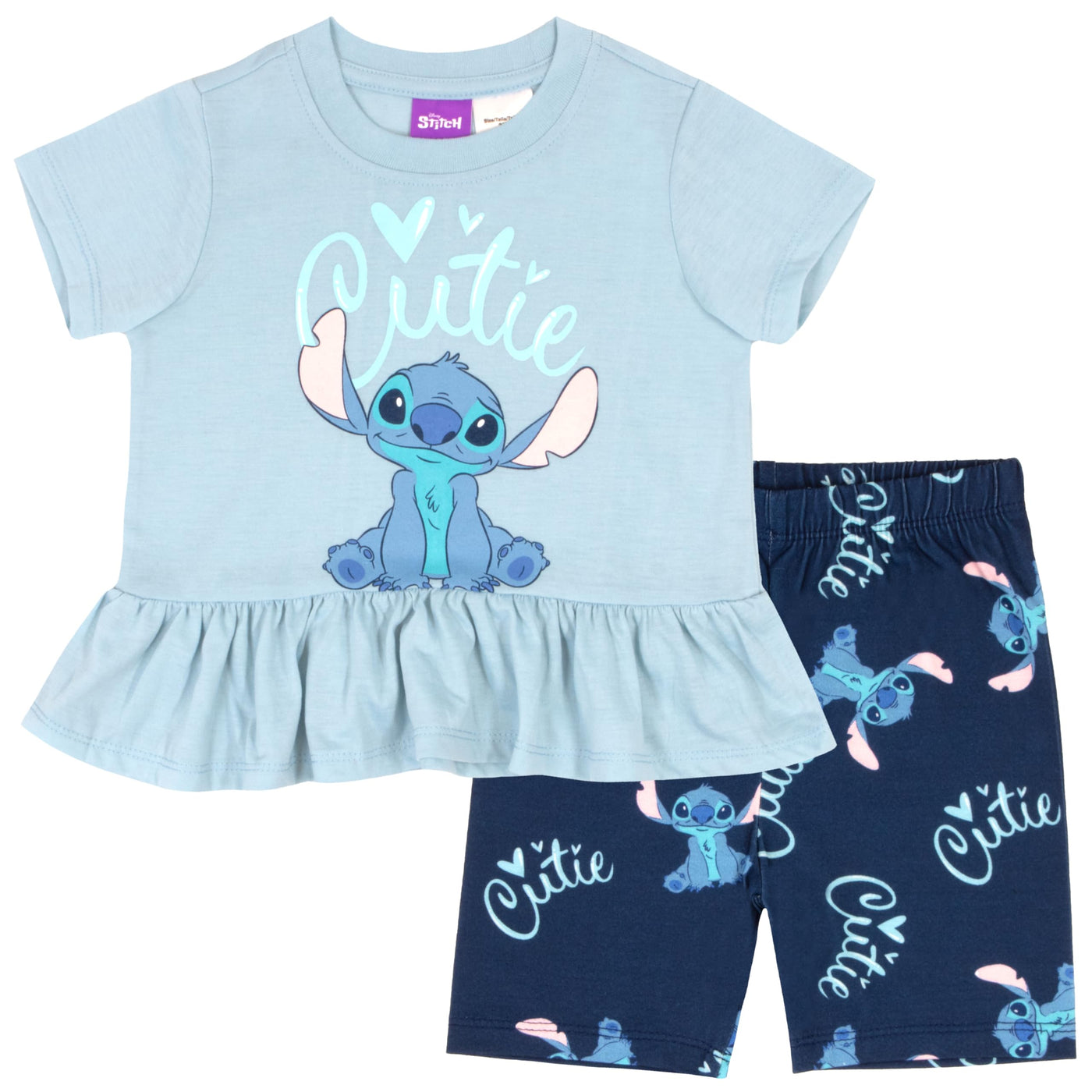 Disney Minnie Mouse, Lilo and Stitch Girls 2 Piece Princess Tee, T Shirt and Biker Short Set