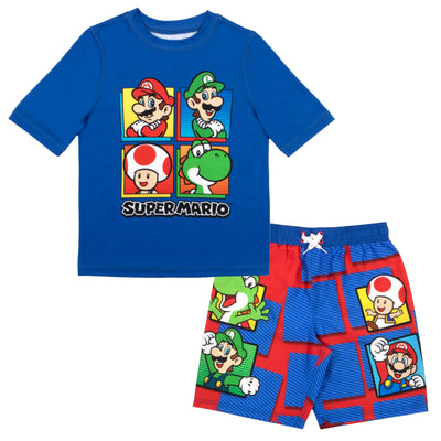 Nintendo Super Mario Bros Boys Swim Wear Rash Guard Set Super Mario 2 Piece Set Boys Swimsuit Boys Rash Guard Boy Swim Trunks