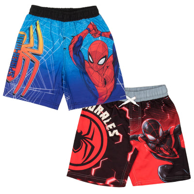 Marvel Spider-Man Peter Parker & Miles Morales Boys Swim Trunks Set - Spiderman Bathing Suit Swim Shorts 2-Pack Bundle Set