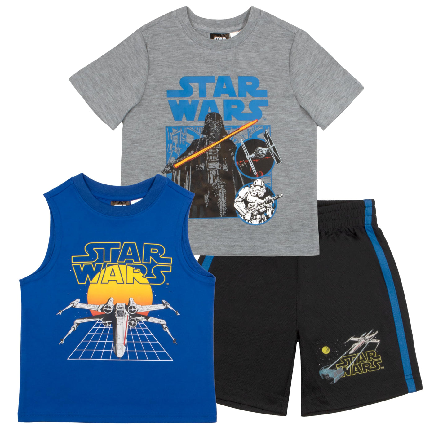 STAR WARS Boys 3 Piece Short Set Short Sleeve Shirt Tank Top Shirt and Shorts 3 Pack Bundle Set for Kids Toddlers