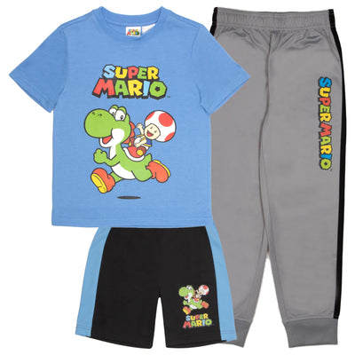 Nintendo Super Mario Bros Boys 3-Piece Pants Set - Short Sleeve T-Shirt, Shorts, and Jogger Pants 3-Pack Bundle Set