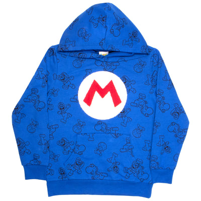 Nintendo Super Mario Bros Logo Boys Pullover Hoodie for Kids, Hooded Sweatshirt with Fuzzy Chenille Logo Patch for Boys