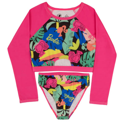 Barbie Two-Piece Girls Swimsuit Set – Tropical Graphic Swimwear for Kids