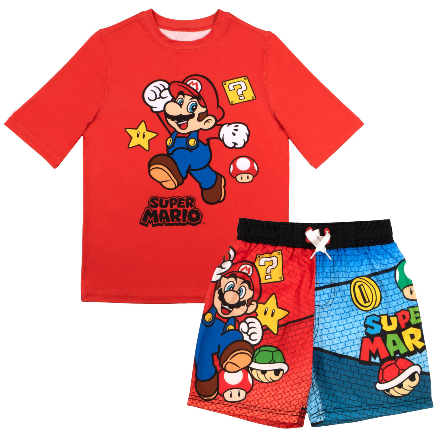 Nintendo Super Mario Bros Boys Swim Wear Rash Guard Set Super Mario 2 Piece Set Boys Swimsuit Boys Rash Guard Boy Swim Trunks