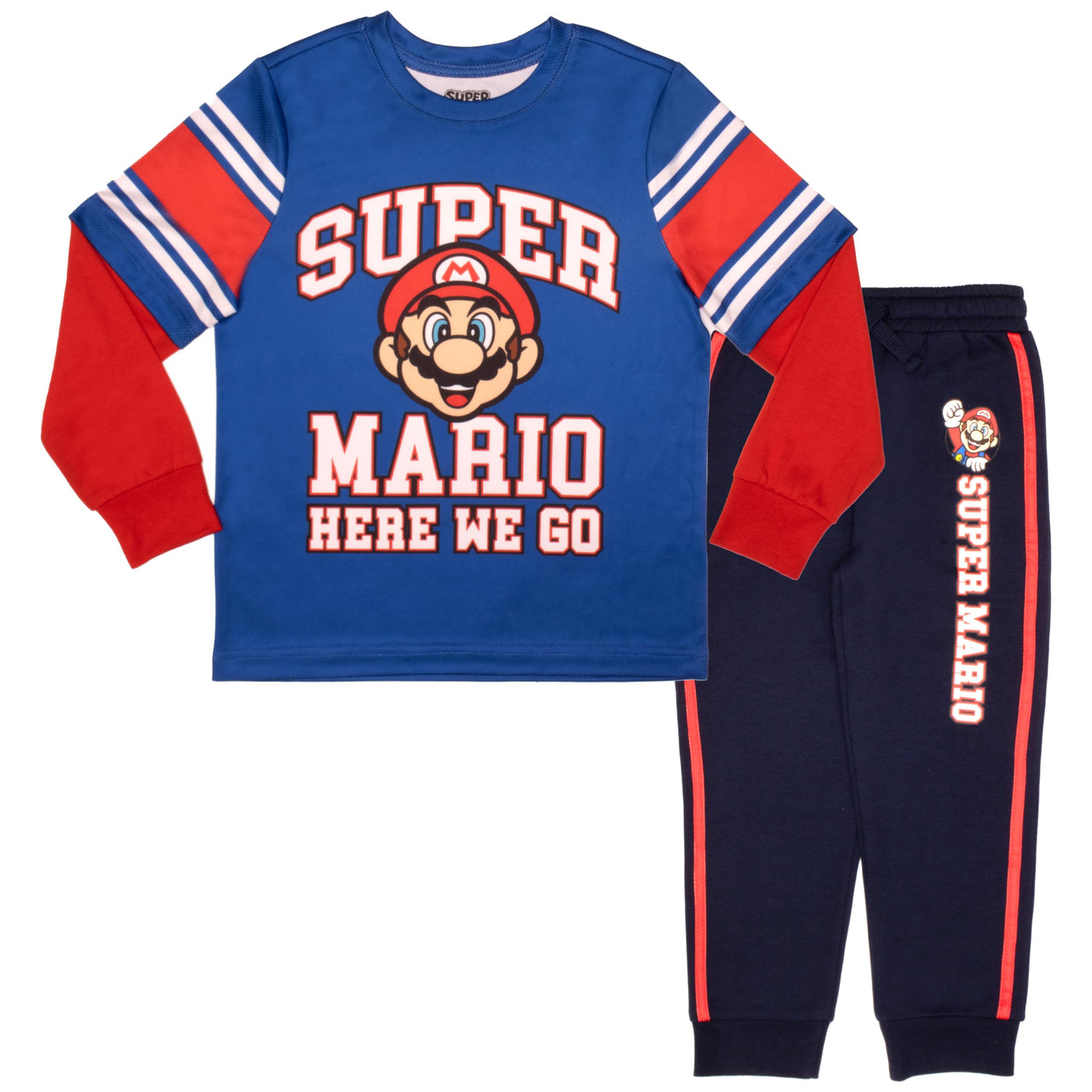 Nintendo Super Mario Video Game 2-Piece Set, Boys Long Sleeve T-Shirt & Jogger Pants 2-Pack Bundle Set for Kids and Toddlers