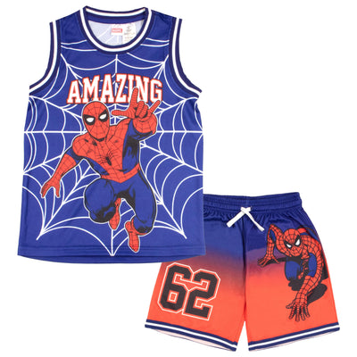 Marvel Avengers and Spider-Man Boys Basketball Sleeveless Shirt & Shorts, Superheroes 2-Piece Outfit Set for Kids