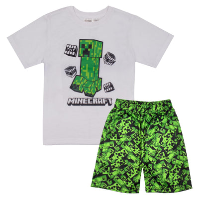 Minecraft Creeper Boys Short Sleeve T-Shirt & Shorts, 2-Piece Gamer Outfit Set for Kids and Toddlers