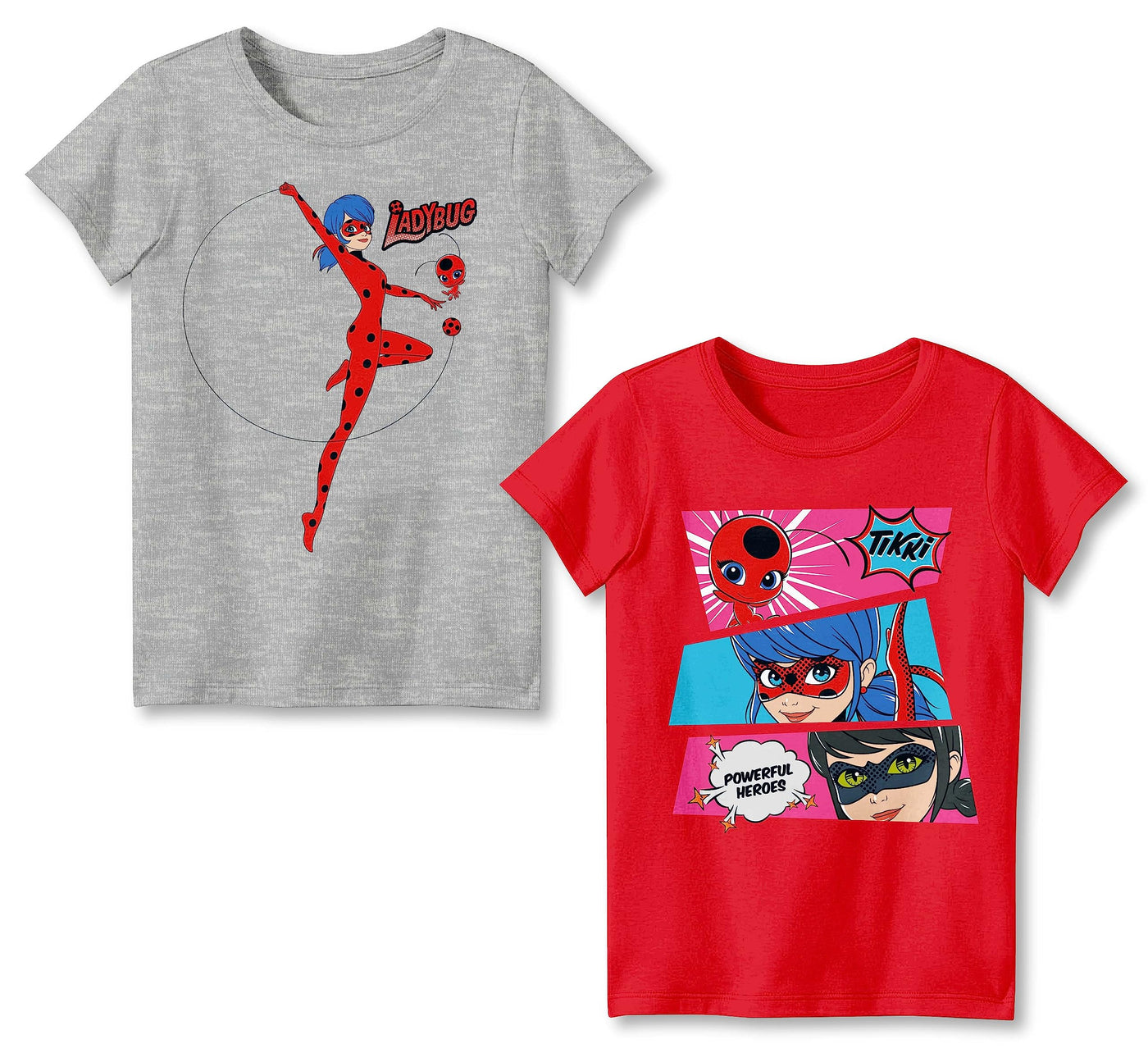 Miraculous Ladybug Girls T-Shirts 2-Pack, Ladybug Cat Noir Rena Rouge Short Sleeve Tees 2-Pack Bundle Set for Girls