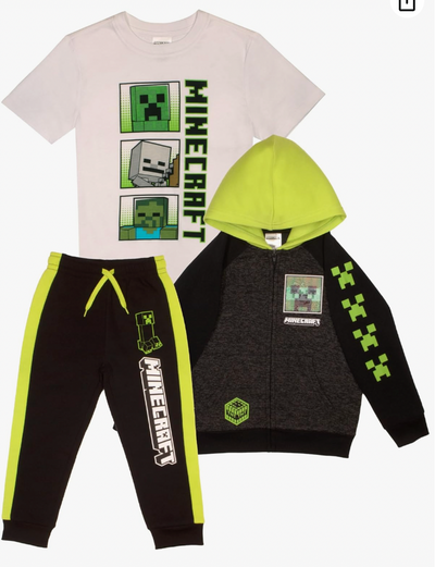 Minecraft Creeper Boys 3-Piece Bundle Set, Zip up Fashion Hoodie, Short Sleeve T-Shirt, and Jogger Sweatpants