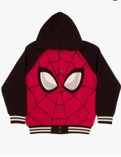 Marvel Comics Boys Avengers and Spider-Man Superheroes Button-Up Hooded Fleece Varsity Jacket for Kids and Toddlers