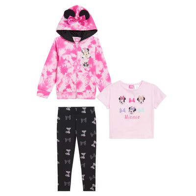 Disney Princess Minnie Mouse  3 Piece Pants Set for Girls, Girls Minnie Mouse Zip-Up Hoodie, T-Shirt, and Pants Set