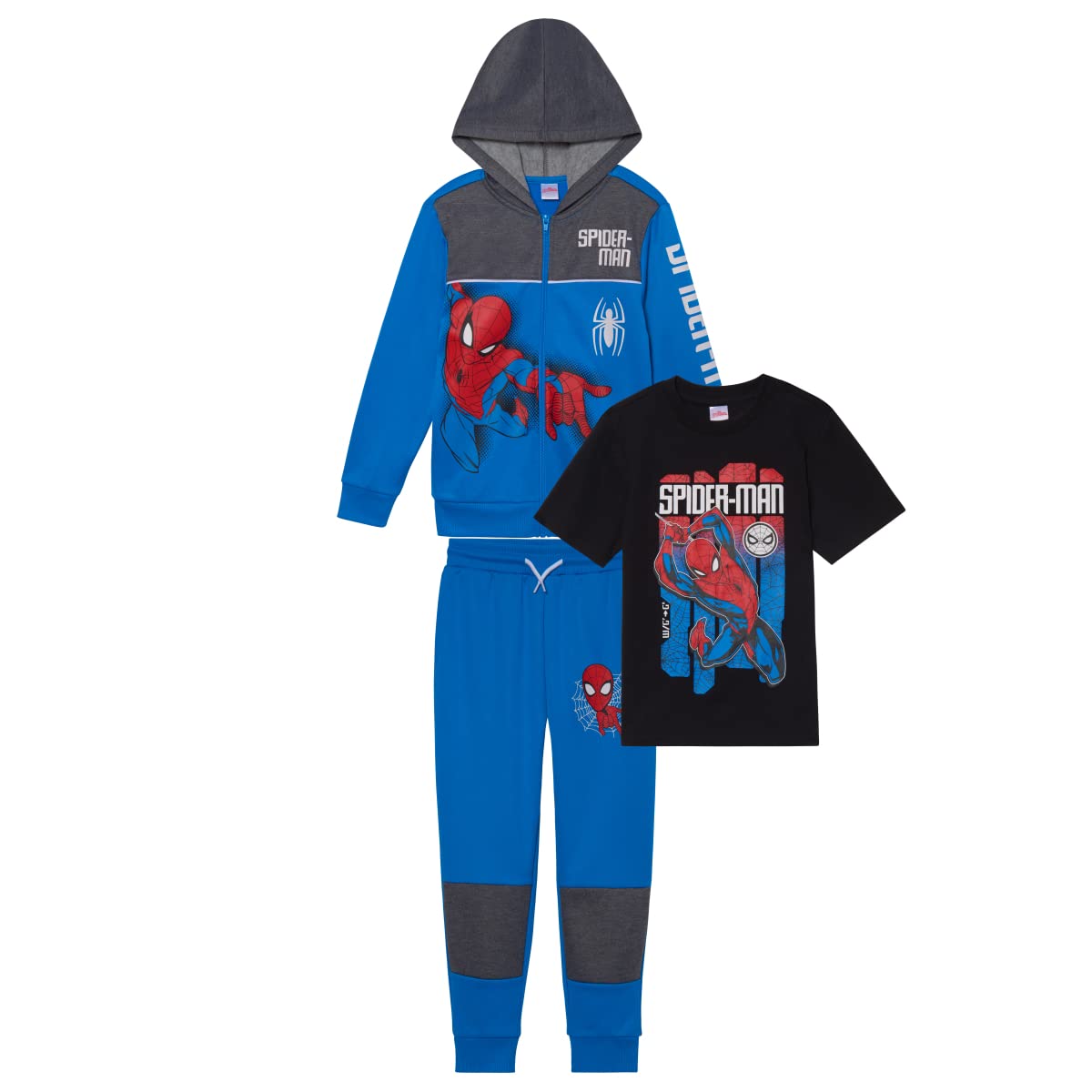 Marvel Spider-Man Boys 3-Piece Fleece Pants Sets, Peter Parker Miles Morales Zip-Up Hoodie, T-Shirt, Pants Sets for Boys