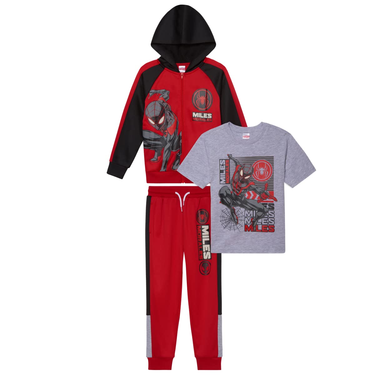 Marvel Spider-Man Boys 3-Piece Fleece Pants Sets, Peter Parker Miles Morales Zip-Up Hoodie, T-Shirt, Pants Sets for Boys