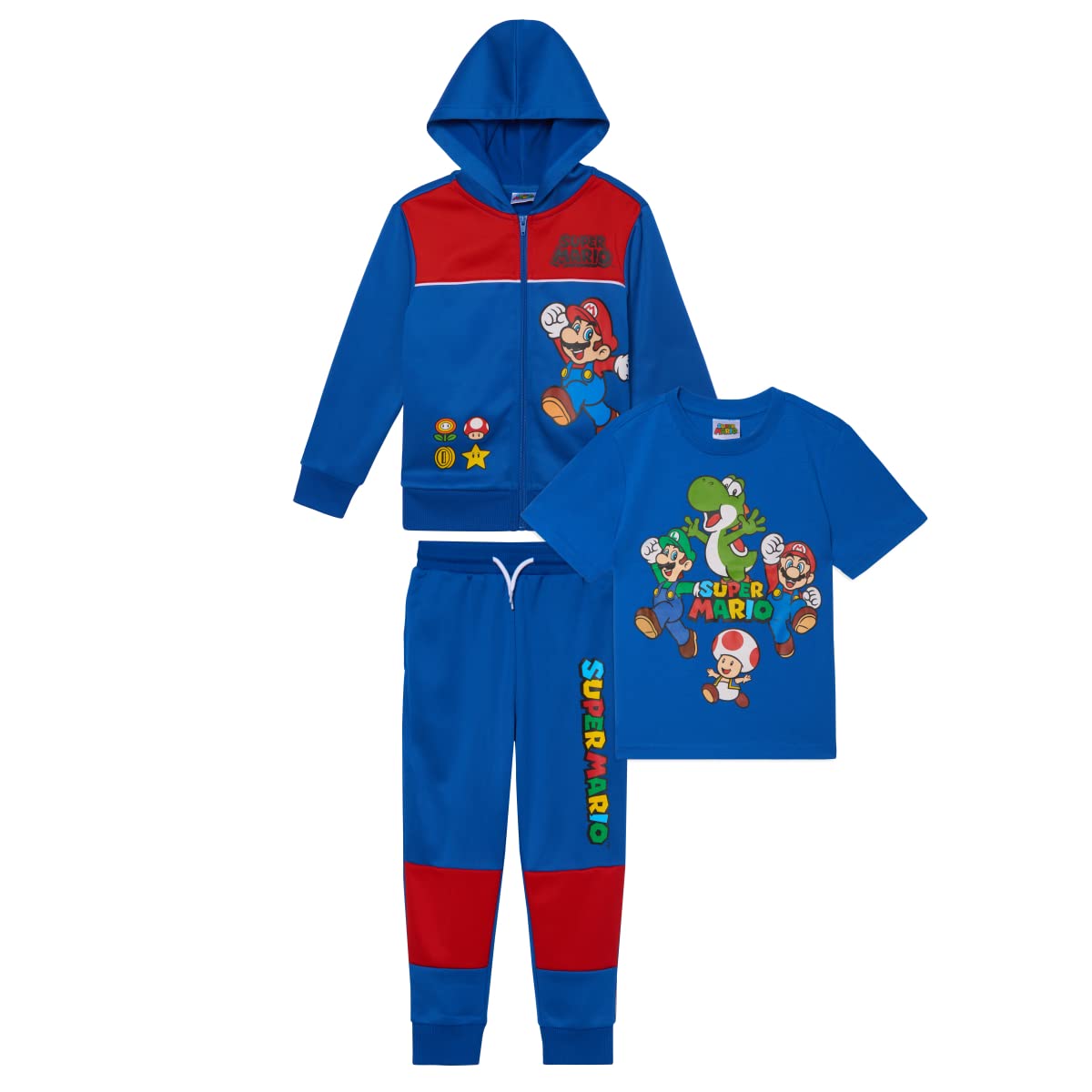 NINTENDO Super Mario Boys 3-Piece Set, Super Mario Zip-Up Hoodie, T-shirt, & Pants 3-Pack Bundle Set for Boys