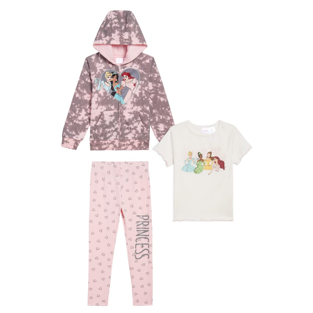 Disney Princess 3Pc Pants Set for Girls, Cinderella, Snow White, Jasmine, Ariel and More Zip-Up Hoodie, T-Shirt, Pants Set