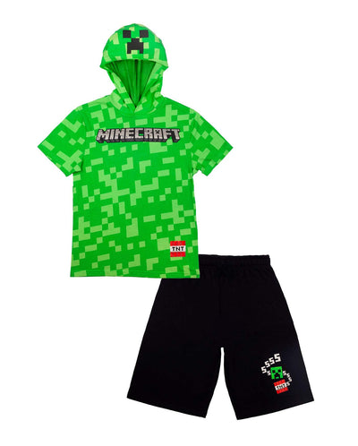 Minecraft Boys Costume Short Set with Black TNT Short and Mincraft Logo on Green Hooded T-Shirt