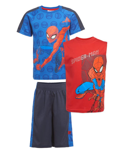 Marvel Avengers and Spider-Man Boys Superhero Short Sleeve T-Shirt, Tank Top and Mesh Shorts Set