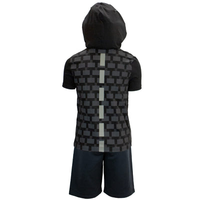 Minecraft Boys Costume Short Set with Black TNT Short and Mincraft Logo on Green Hooded T-Shirt