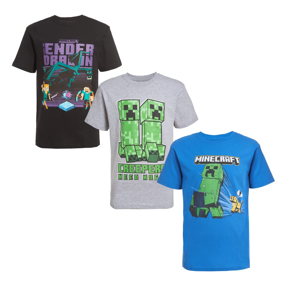 Minecraft Boys Creeper & Characters 3 Colors Short Sleeve T-Shirt Set, 3 Pack