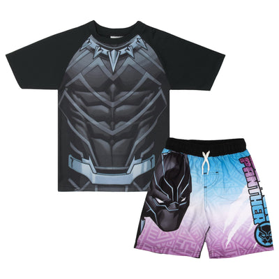 MARVEL Boys Avengers Spiderman Black Panther Miles Morales 2-Piece Costume Swimsuit Set, Rash Guard & Swim Trunks for Boys