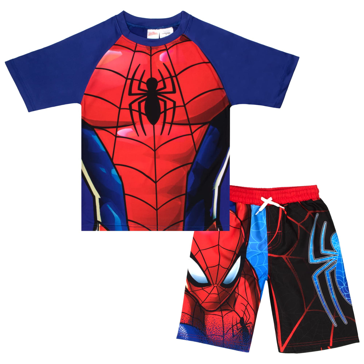 MARVEL Boys Avengers Spiderman Black Panther Miles Morales 2-Piece Costume Swimsuit Set, Rash Guard & Swim Trunks for Boys