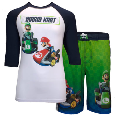 NINTENDO Boys Swimsuit and Rashguard Shirt Set, Super Mario Kart Swim Trunks and Rashguard Shirt for Boys