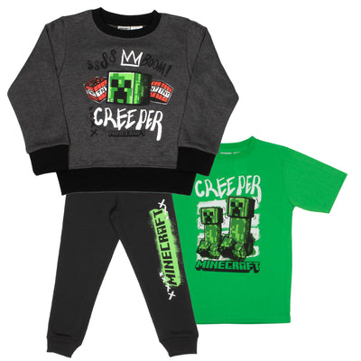 Minecraft Boys 3 Piece Fleece Pants Sets, Crew Neck Sweatshirt, T-Shirt, and Pants 3-Pack Bundle Set for Boys