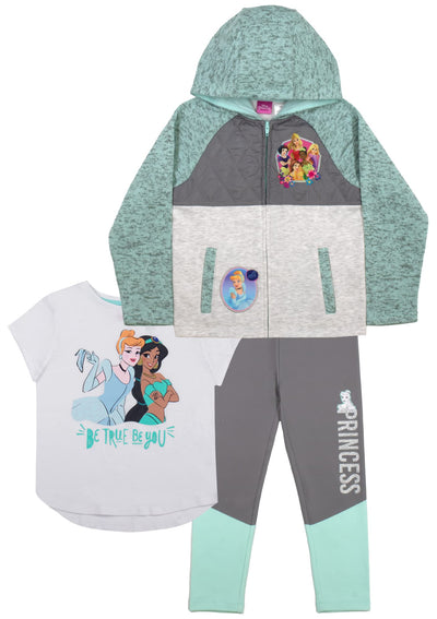 Disney Princess 3Pc Pants Set for Girls, Cinderella, Snow White, Jasmine, Ariel and More Zip-Up Hoodie, T-Shirt, Pants Set