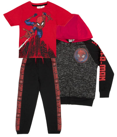 Marvel Spiderman Boys 3 Piece Fleece Pants Set, Spider-Man Zip-Up Hoodie, T-Shirt, and Pants 3-Pack Bundle Set