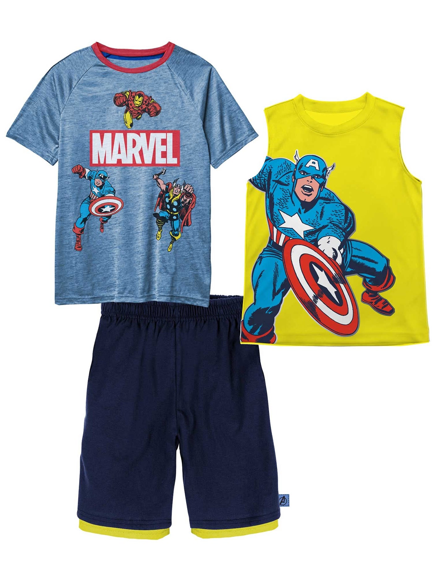 Marvel  Avengers and Spider-Man Boys Superhero Short Sleeve T-Shirt, Tank Top and Mesh Shorts Set Marvel Avengers and Spiderman 3-Piece Clothes Set for Boys